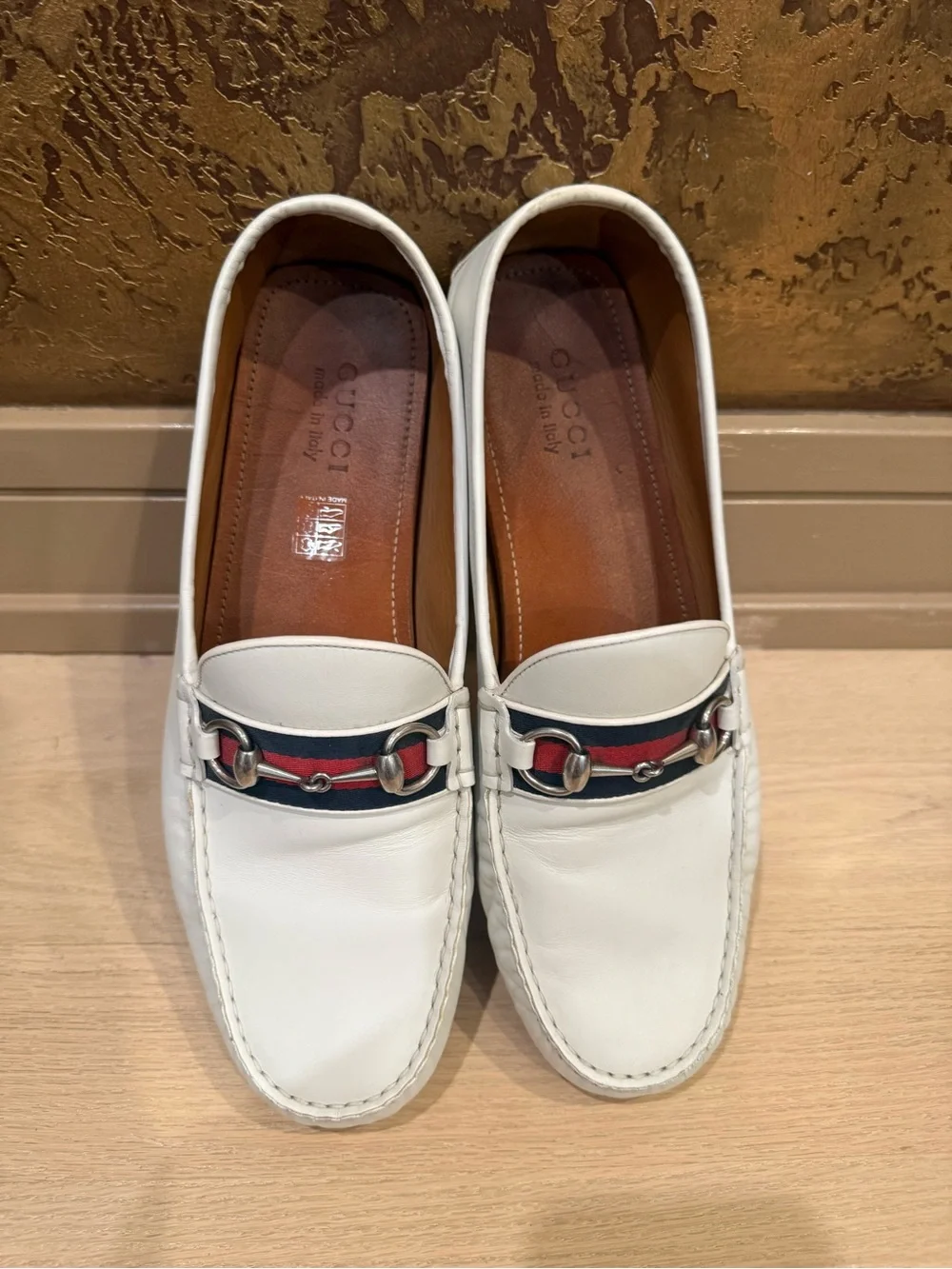 Gucci White Leather Loafers with Navy & Red Web and Silver Horsebit